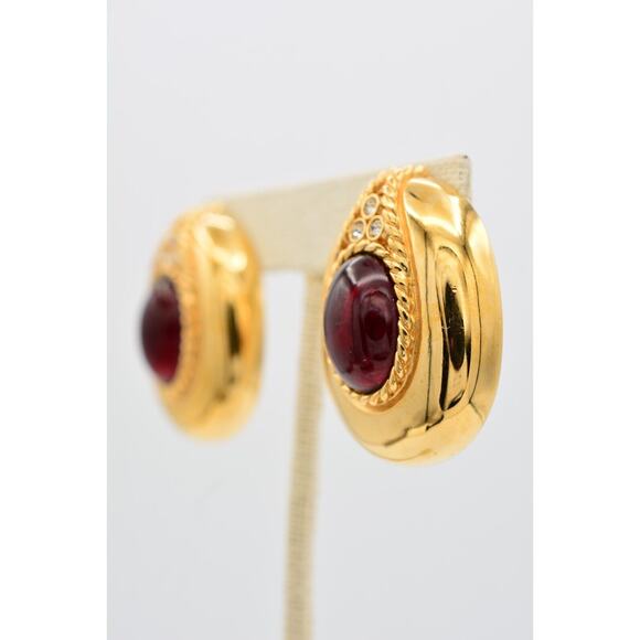 Givenchy Vintage Big Cabochon Clip On Earrings Red Gold Chunky Signed 1980s Bin1 - Picture 2 of 12